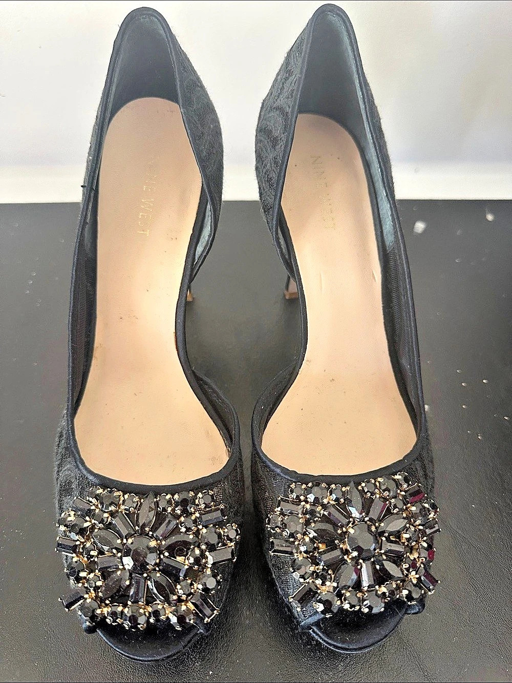 Nine West Jaquita Open-Toe Pump Embellished Black Pumps US 8M